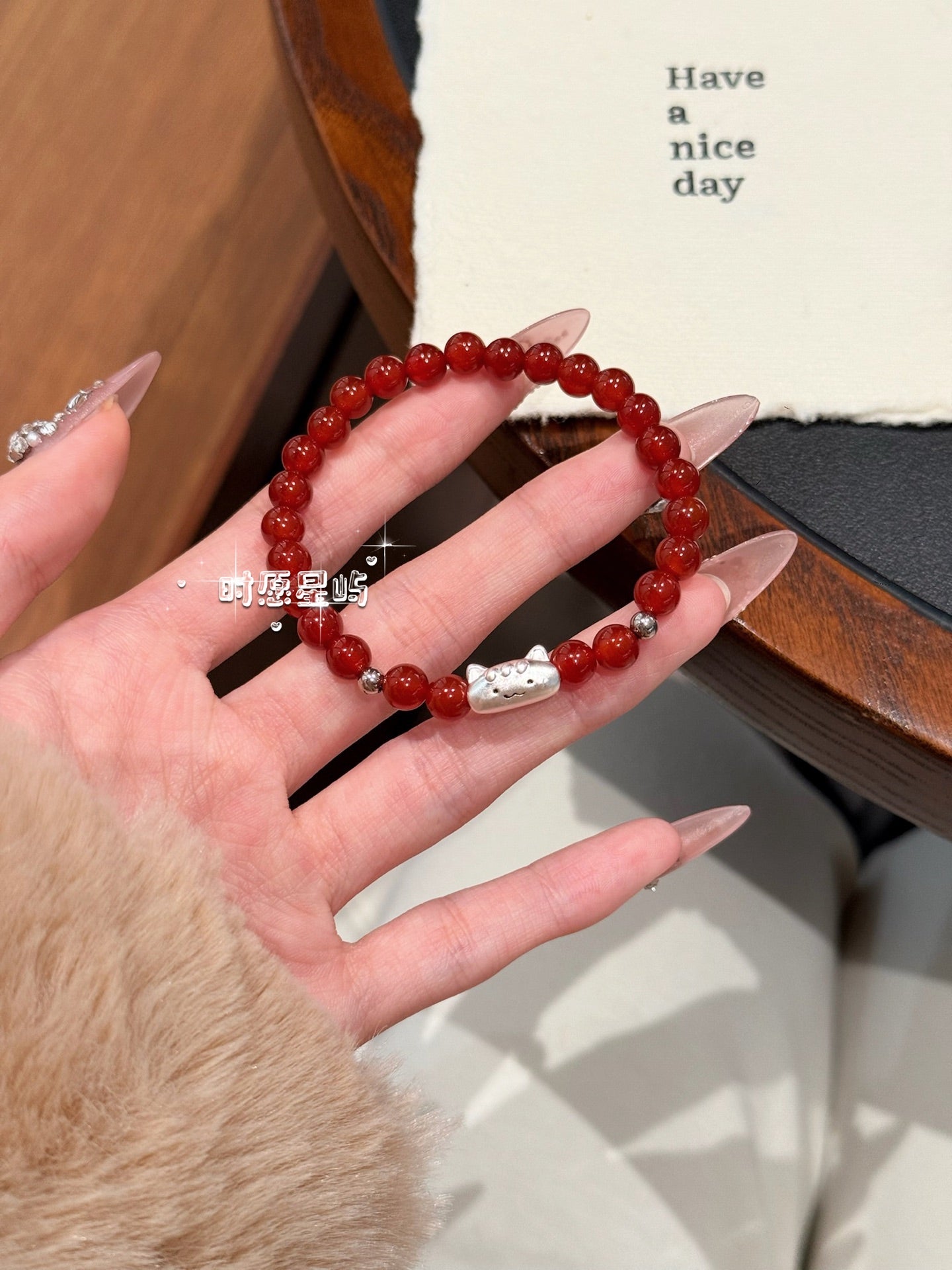 Baguette Cat Family Bracelet · Red Agate