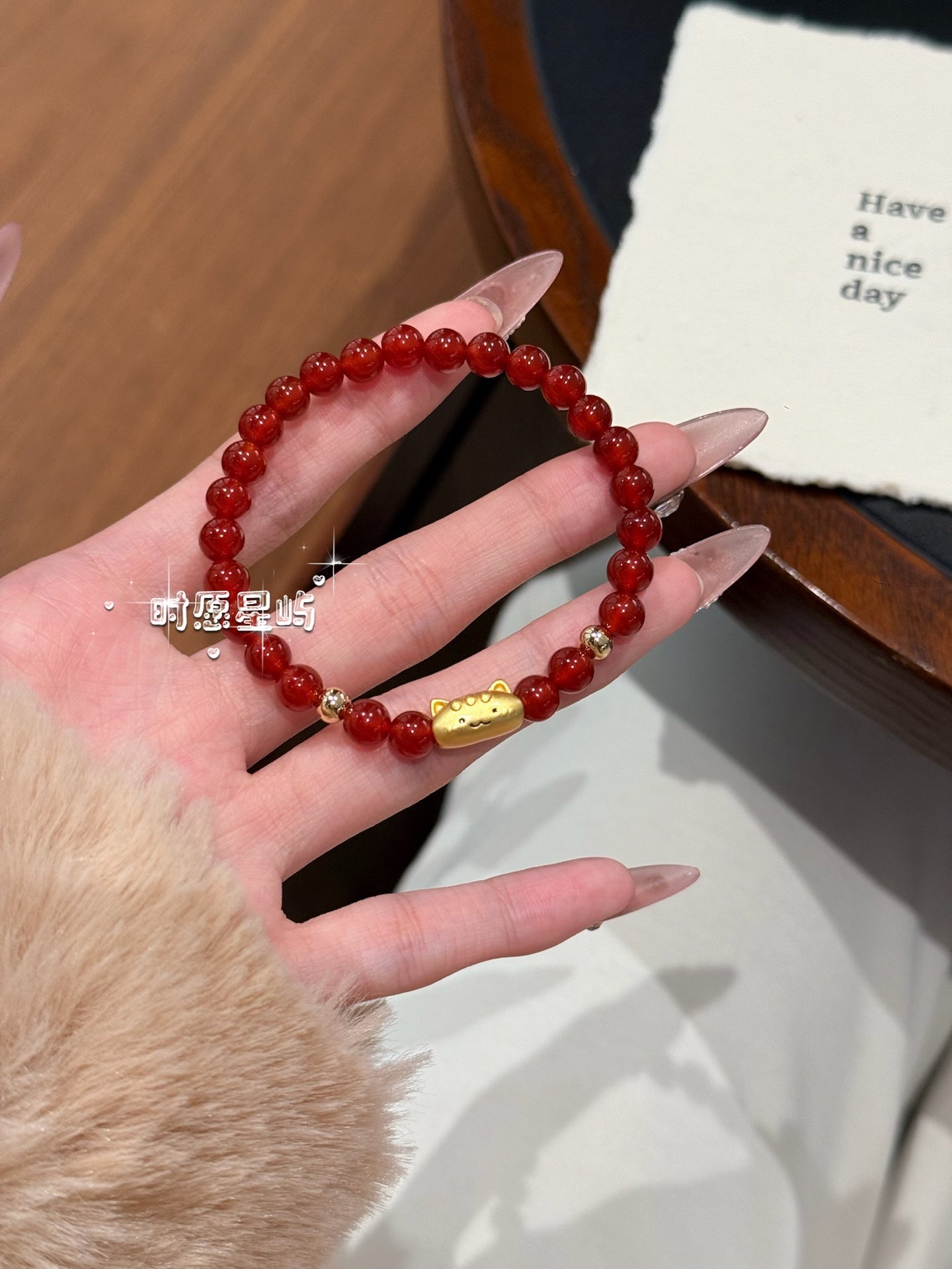 Baguette Cat Family Bracelet · Red Agate Gold