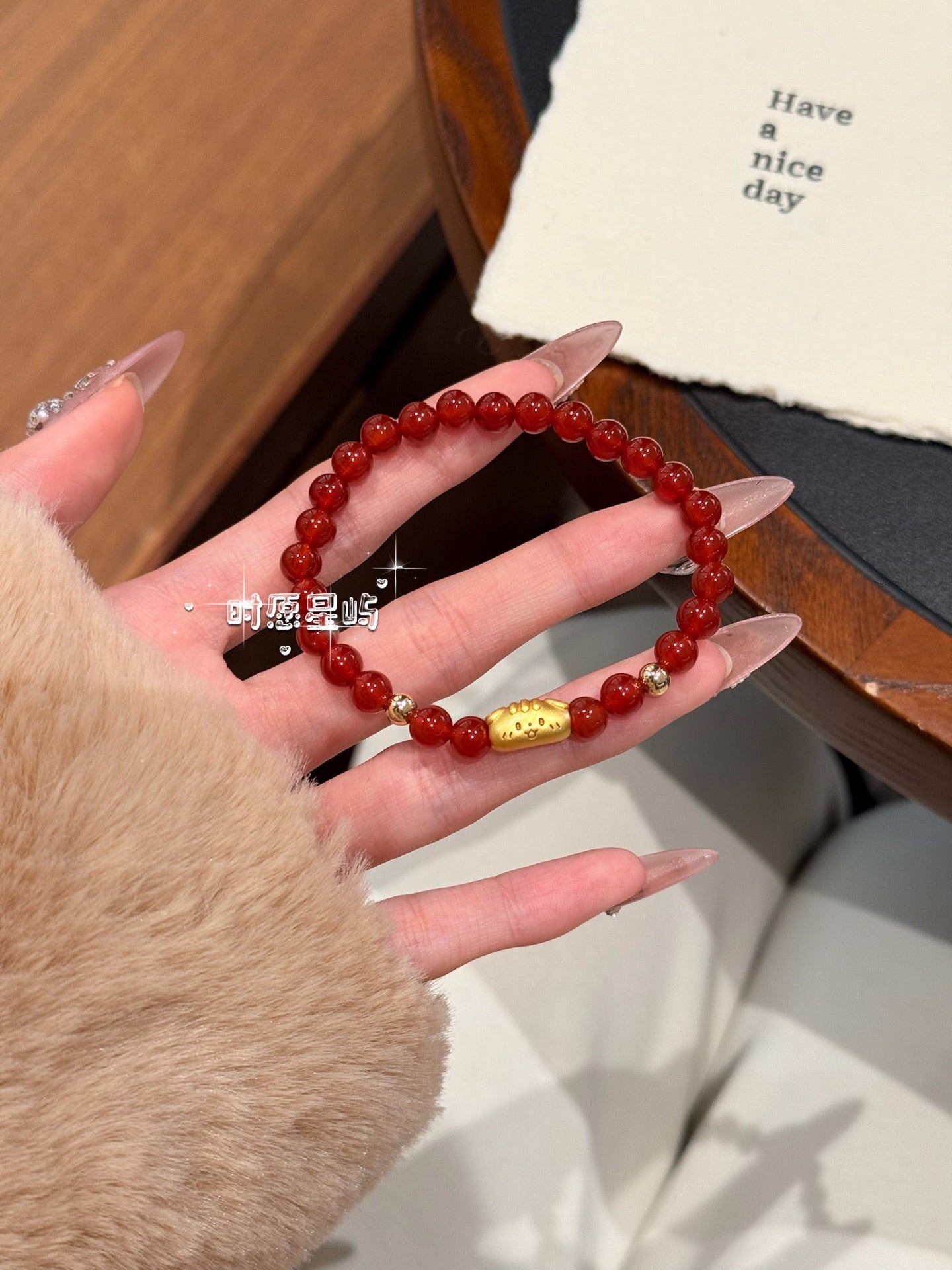 Baguette Dog Family · Red Agate Gold Edition Bracelet